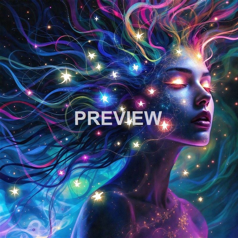 A surreal digital artwork of a woman's face with her eyes closed, surrounded by flowing, colorful, star-like hair and cosmic elements.